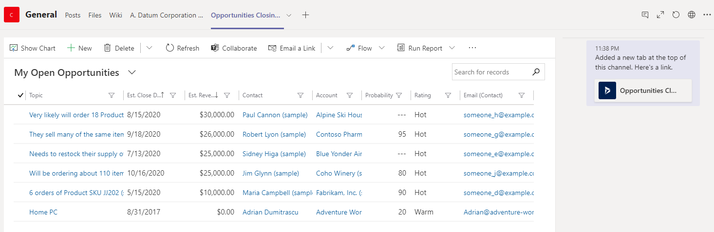 Dynamics 365 View from MS Teams