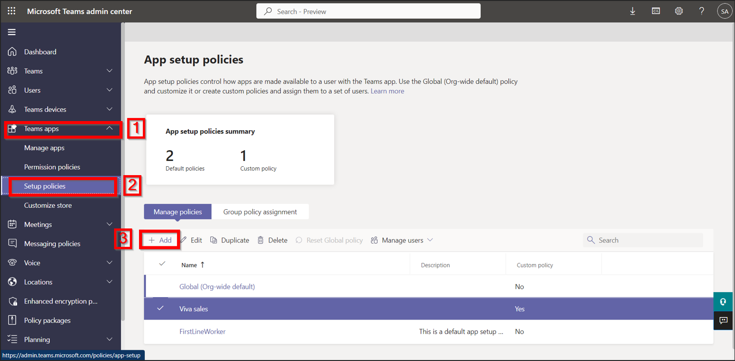 Go to Teams apps > Setup policies > +add