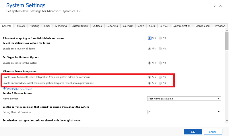 Dynamics 365 System Settings to enable MS Teams