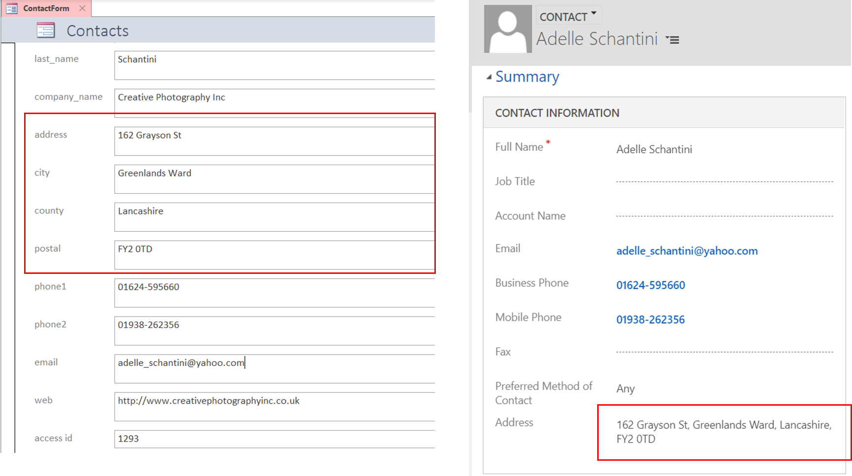 Contact in Access and in D365