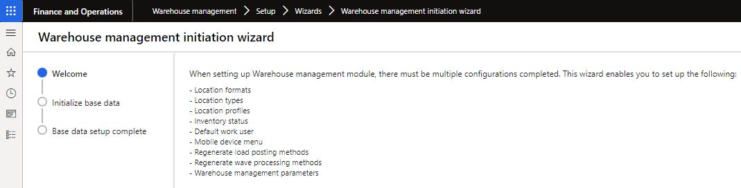 Warehouse management initiation wizard