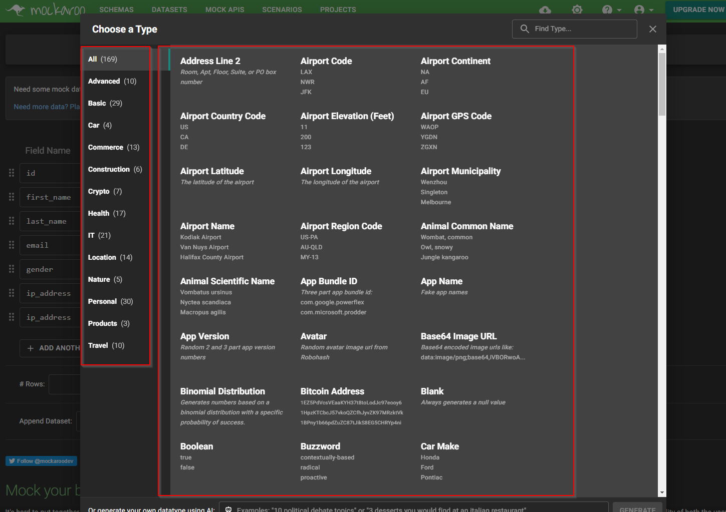 mockaroo categories