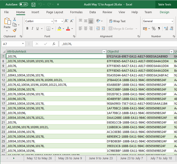 Excel file with the AuditTable data given by Microsoft's support team