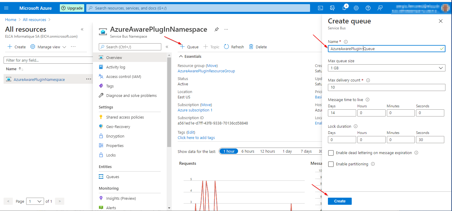 Creation of an Azure Queue in the namespace