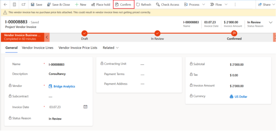 Vendor invoice header