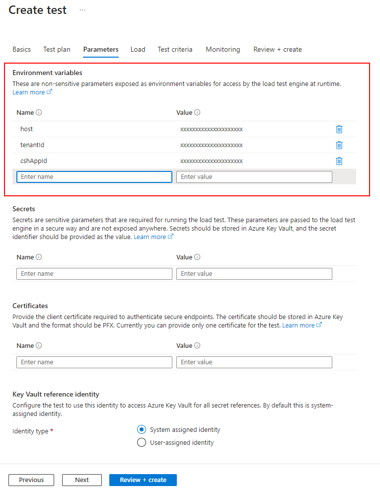 Azure Load Testing Parameters