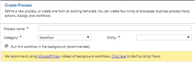 Dynamics Workflow creation modal box