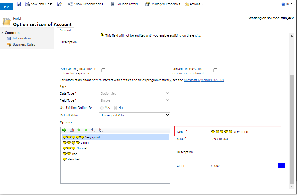 Dynamics 365 Use icon in option set label