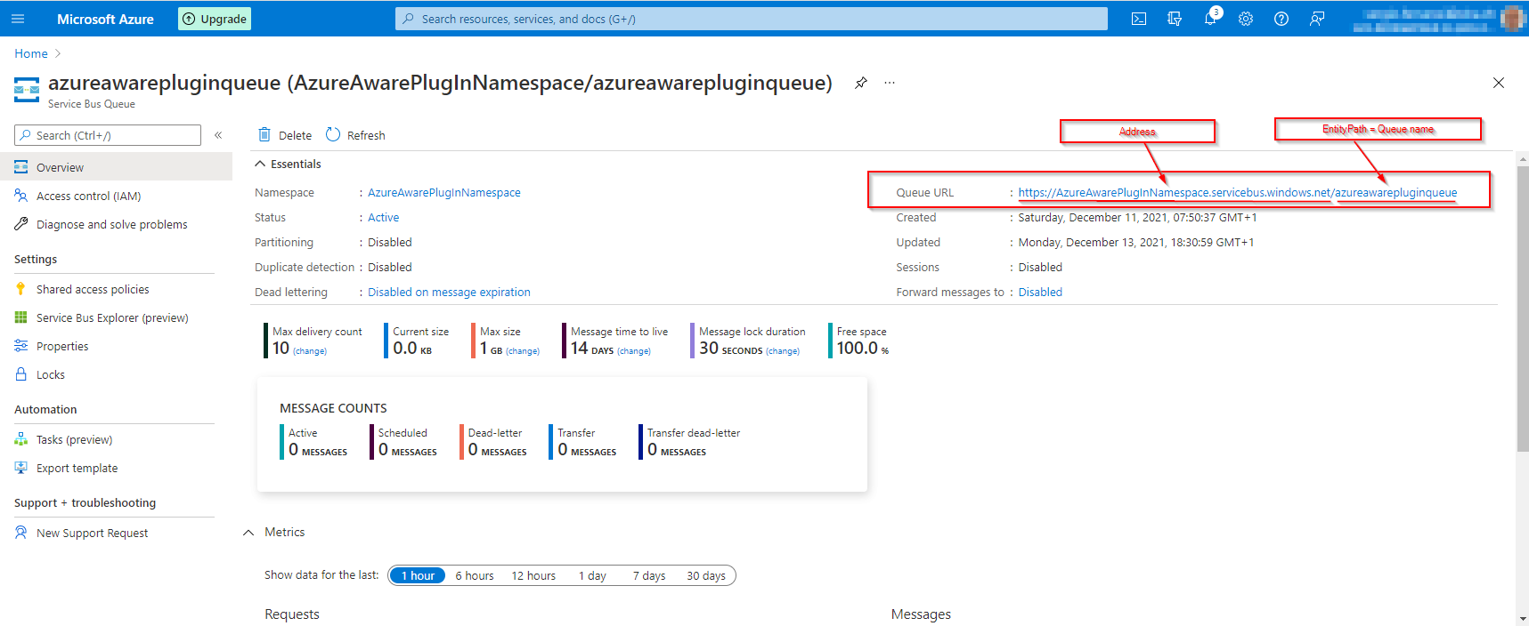 Queue address and entity path